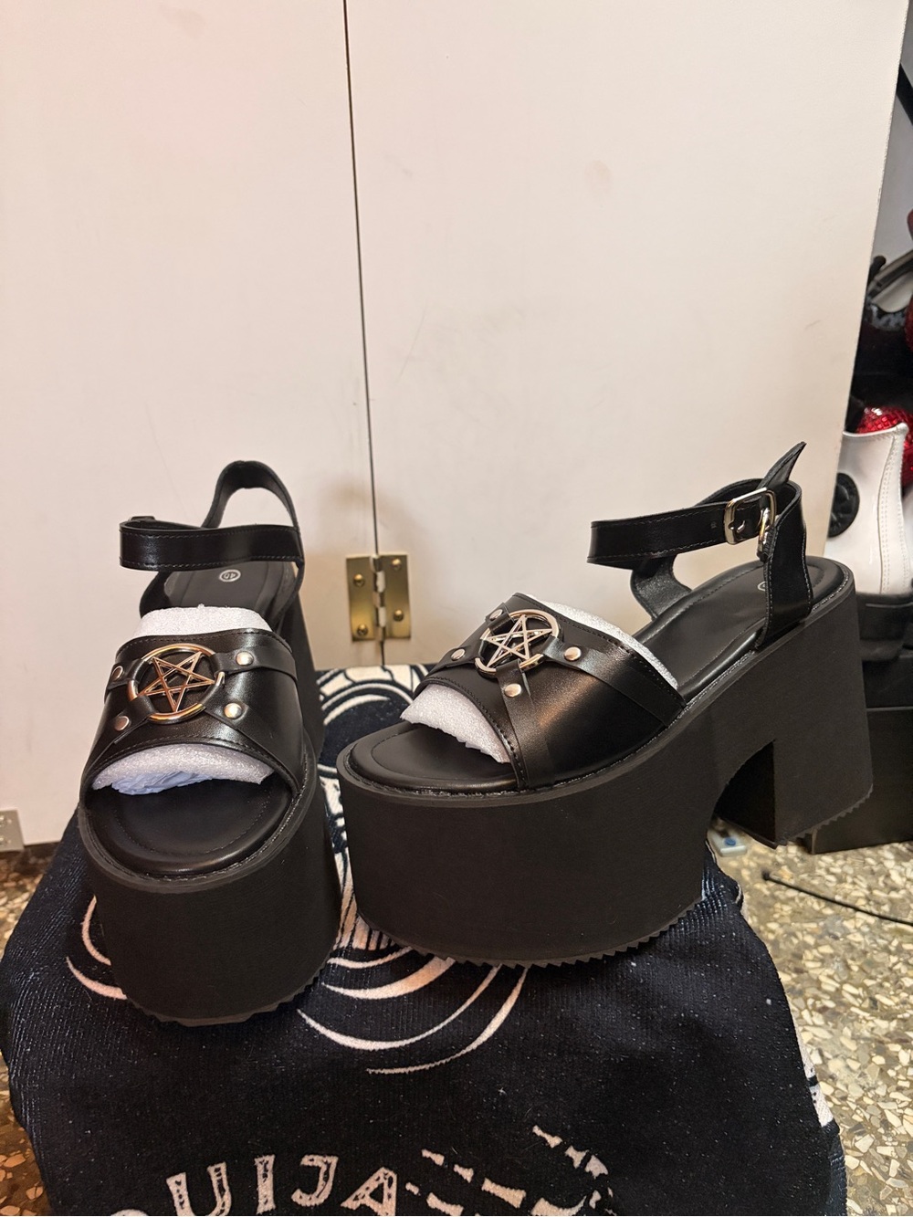 Chunky Black Platform Ankle-Strap Sandals with Pentagram Accent